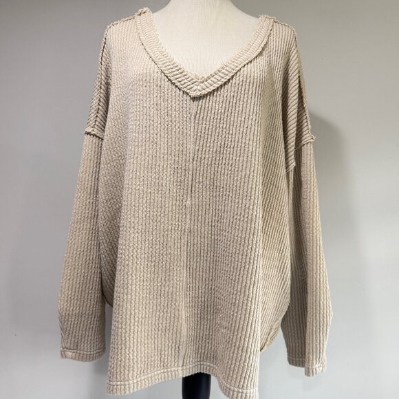 Free People Tops - FREE PEOPLE Oversized V-Neck Tan Sweatshirt